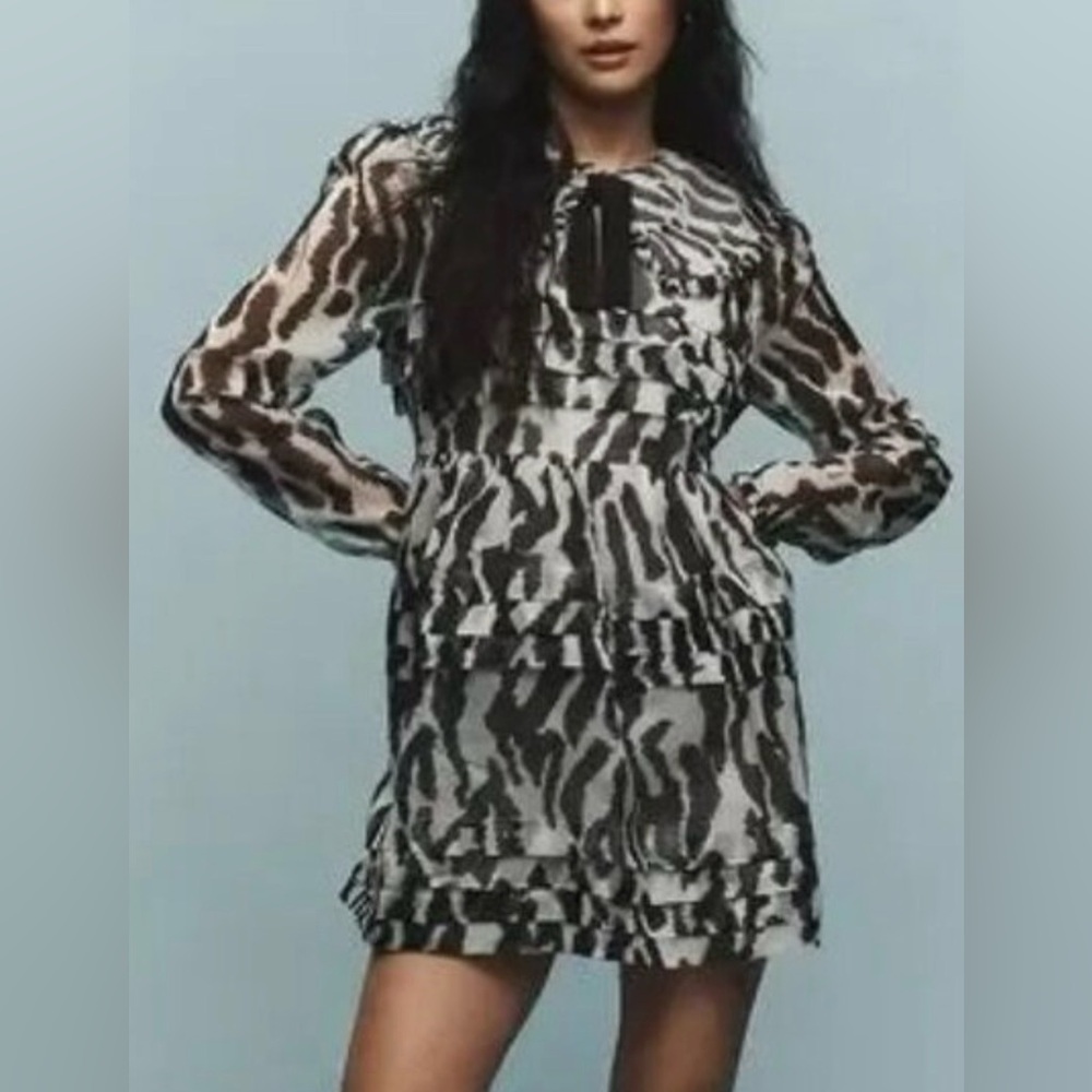 NWT Maeve Long-Sleeve Peter Pan Collared Sheer Mini Ruffled Dress